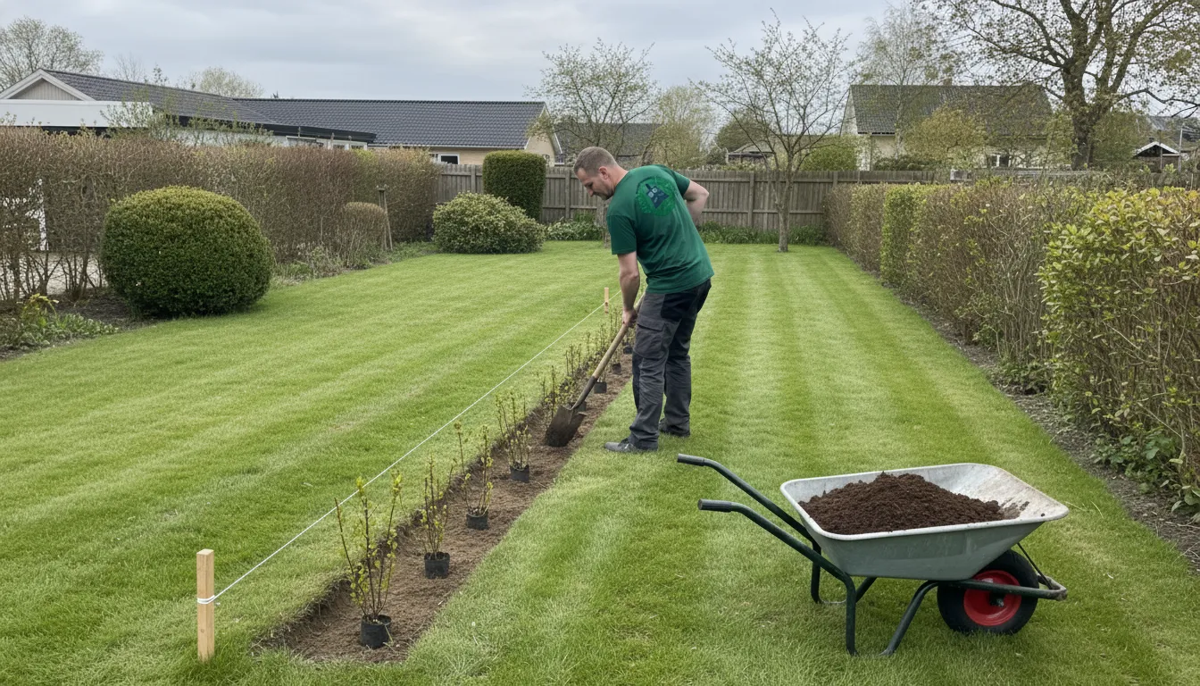 Plantning af ny hæk langs snor med trillebør og jord